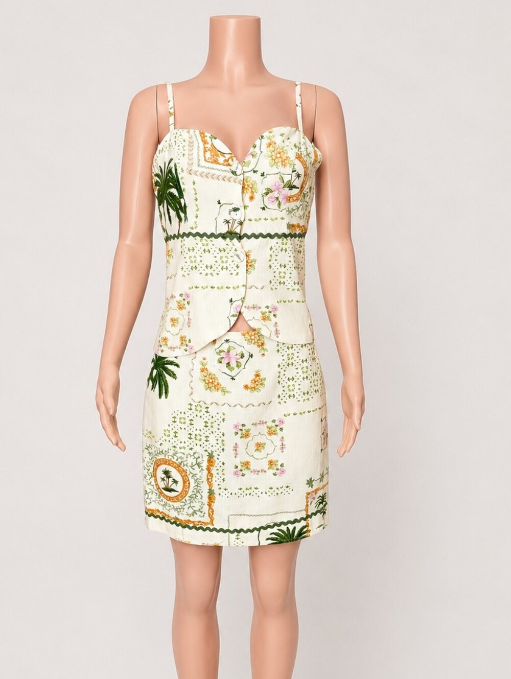 NWT Paper Heart Anthropologie Palm Tree Floral Linen Skirt Set L/XL